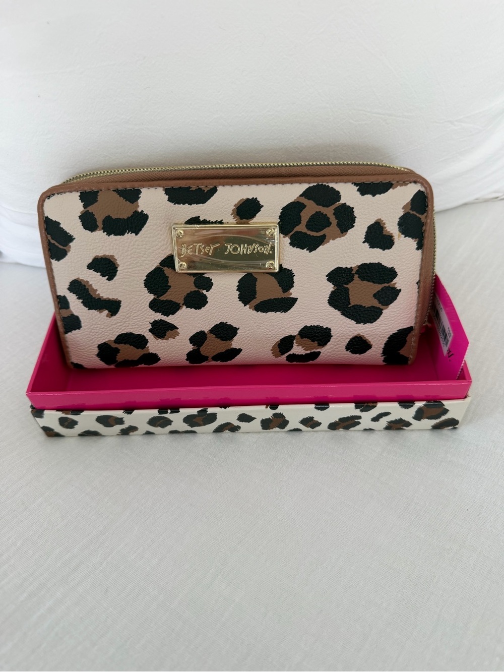 Betsey Johnson Leopard Print Zip Wallet with Brown Trim and Gold Hardware